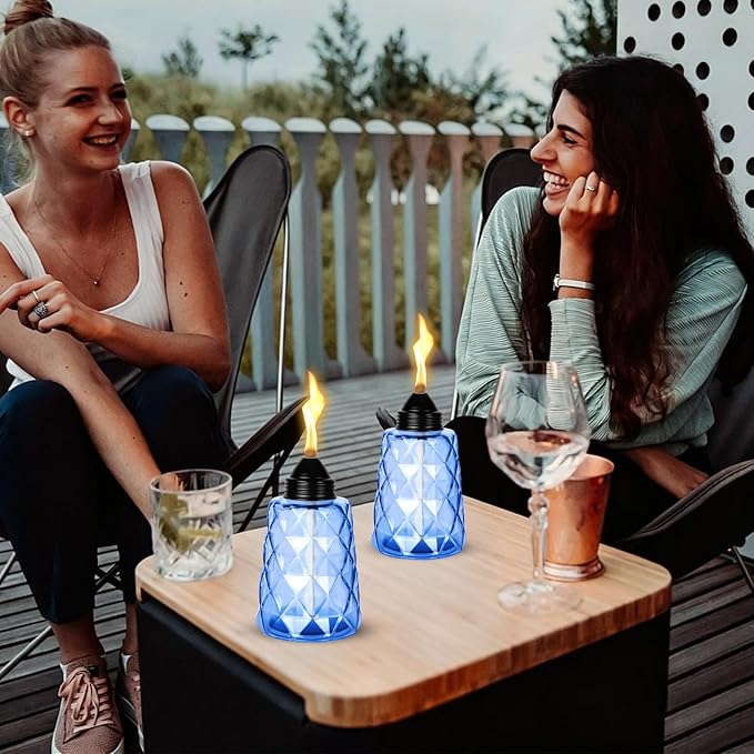 4-Pack Glass Tabletop Torches Outdoor, 12 oz Citronella Torches Canisters with Wick & Cap, for Patio, Backyard, Garden, Parties, Outside Deck (Blue)