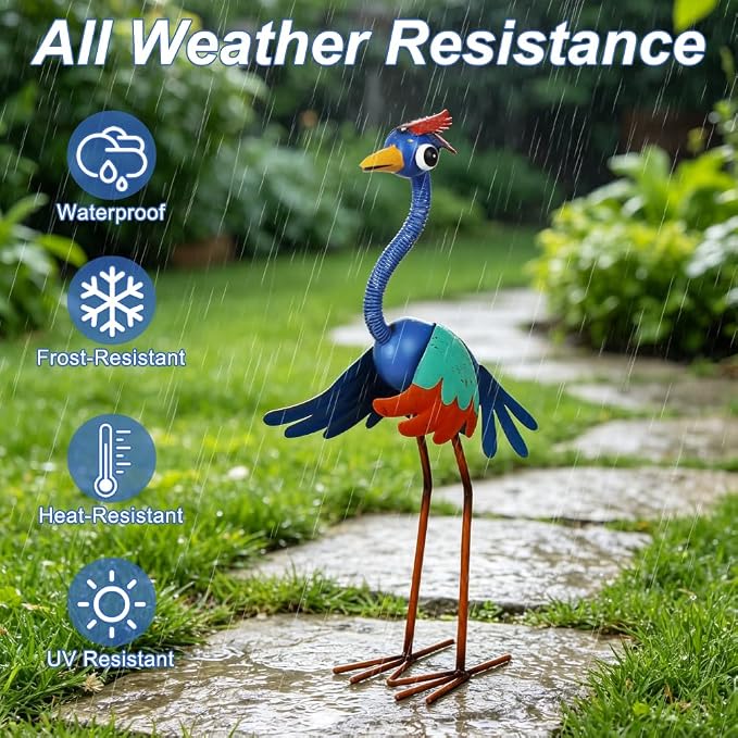 Metal Wacky Heron Garden Statue for Patio, Backyard, Lawn | 19‘’ Crane Garden Decor for Outside, Waterproof Bird Yard Art, Blue & Cyan