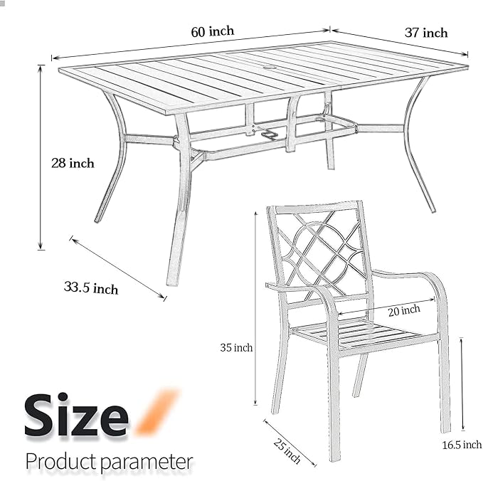 7 Pieces Patio Metal Furniture Outdoor Dining Set with 6 Stackable Bistro Chairs, 60'' x 37'' Rectangle Table and 10Ft Dark Blue Umbrella