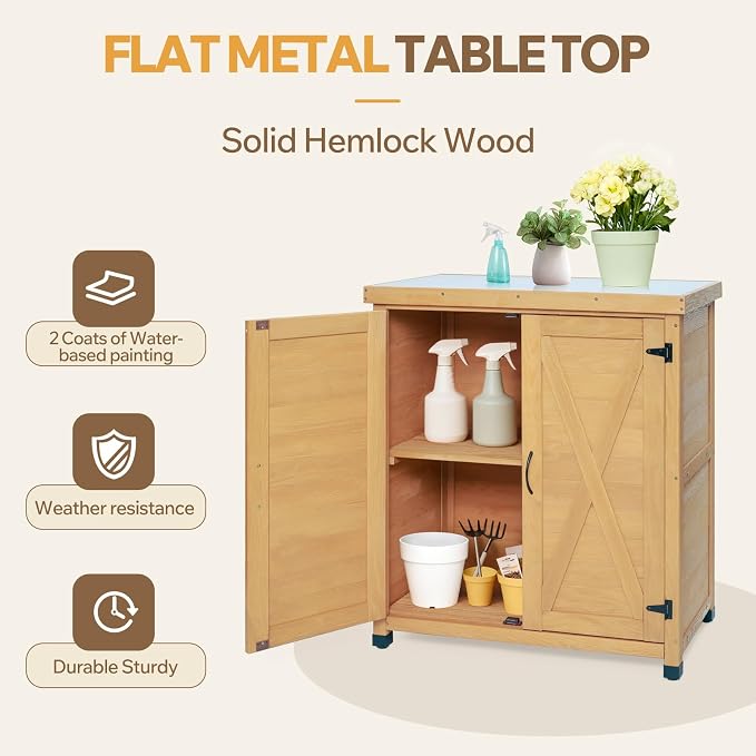 Outdoor Deck Box Storage Cabinet with Metal Work Surface, Weatherproof Hemlock Wood Patio Storage for Garden Tools and Supplies, Stable X-Shape Design, 31 x 18 x 36 Inches, Wood Color