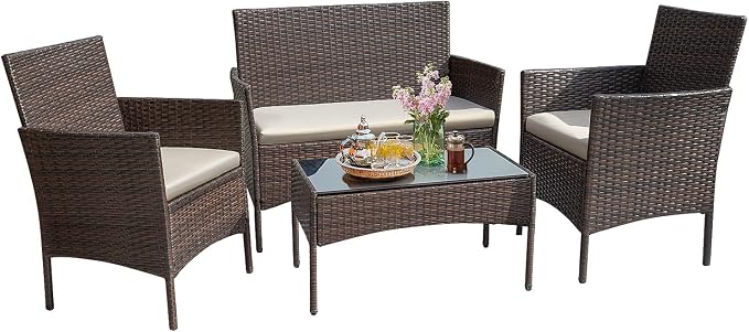Greesum 4 Pieces Wicker Rattan Patio Furniture Sets with Loveseat, Chairs, Table and 3 Pieces Rocking Bistro Set with Porch Chairs, Coffee Table