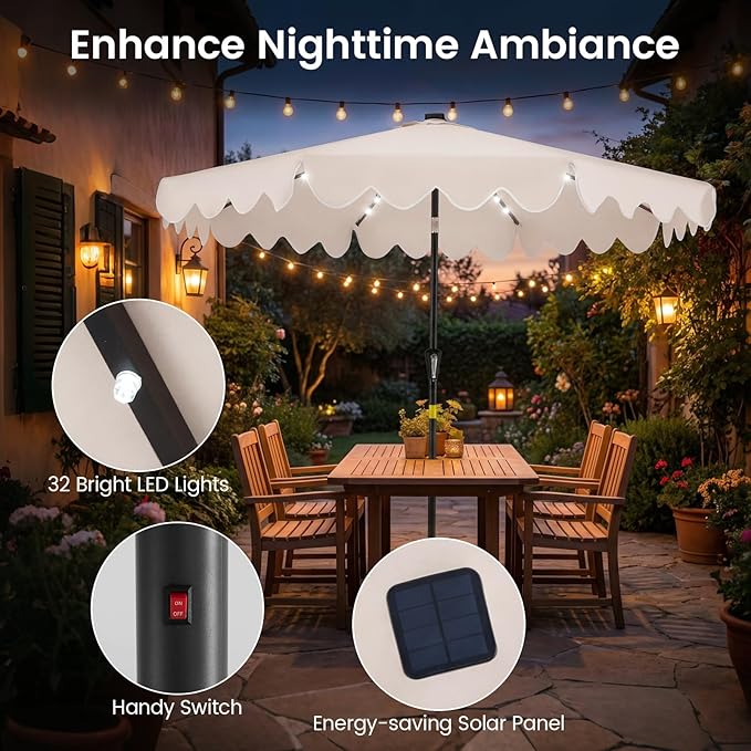 Tangkula 9 FT Solar Patio Umbrella with Base Included, 2-Tiers Outdoor Scalloped Table Umbrella with 32 LED Lights, 2 Sandbags, Tilt Adjustment, Crank, 8 Ribs for Market Backyard Pool Deck Beach Lawn