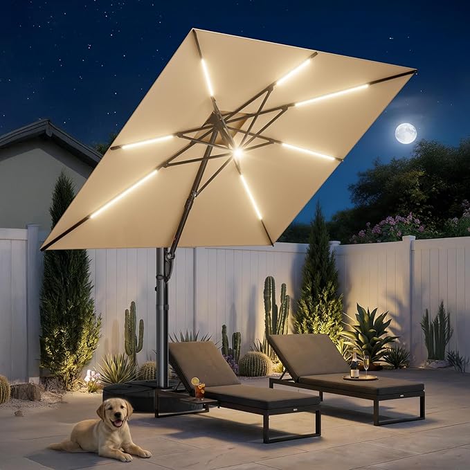 HOMSHADE 10 ft Square Cantilever Patio Umbrella with Base Included, Solar Lights Large Umbrella Outdoor Patio with 360°Rotation&Tilting, LED Lighted Offset Umbrellas w/Stand for Pool Deck