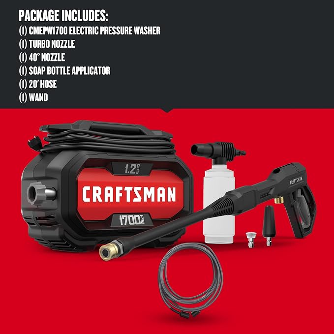 CRAFTSMAN 20V MAX Cordless Leaf Blower Kit with Battery & Charger Included (CMCBL710D1) Red | Craftsman Electric Pressure Washer, Cold Water, 1700-PSI, 1.2-GPM, Corded (CMEPW1700)