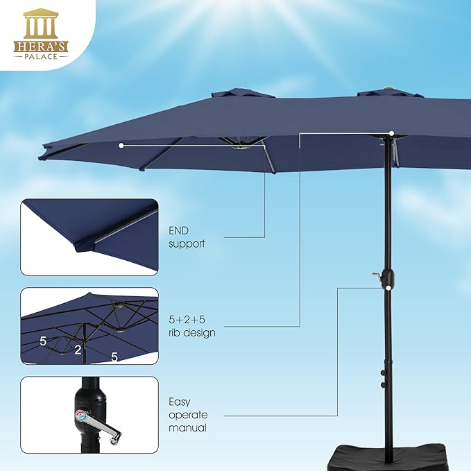 HERA'S PALACE Umbrella Patio Outdoor with Base 15ft Rectangle Table Double Market Umbrellas Clearance Large Heavy Duty Included Stand for Deck Outside Pool Picnic Inground Yard Commercial, Navy Blue