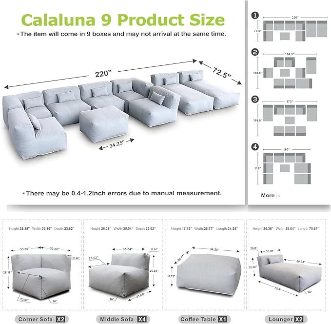 Patio Furniture Set Bean Bag Eraclea 9C Outdoor Chairs Sectional Conversation Patio Set Daybed Furniture Outdoor Sofa Couch High Density Foam Filling Modern Comfy Patio Couch (Light Gray)