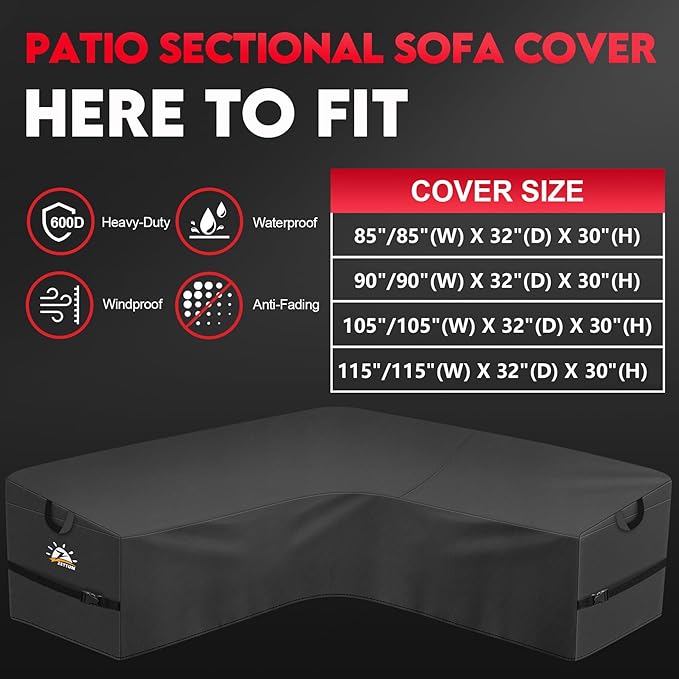 Zettum Outdoor V-Shaped Sectional Cover - 600D Patio Sectional Sofa Cover, Waterproof & Heavy Duty Patio Furniture Covers for Outdoor Sectional Sofa and Couch, 105x105 Inch Wide