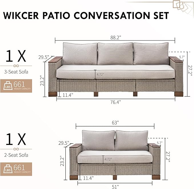 PaPaJet Modern Patio Furniture Set, 5 Piece Modular Rattan Outdoor Sectional Set with Washable Cushions for Lawn Deck Backyard Garden, Beige(88"+63")