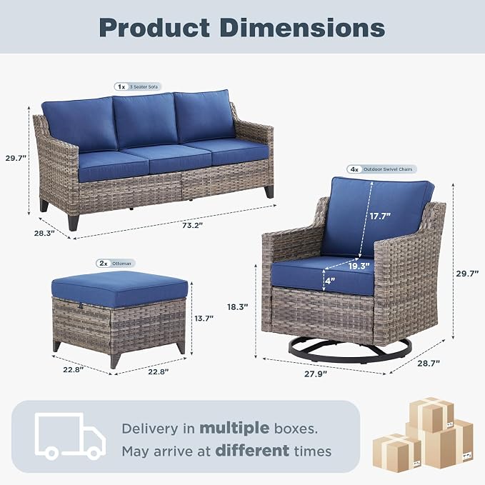 Belord Patio Wicker Swivel Rocker Patio Chairs with 3-Seater Sofa, Outdoor Rattan Chairs for Deck Porch Poolside, 7 Piece Patio Conversation Furniture Set,Blue
