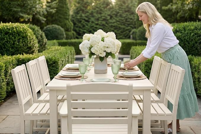 9-Piece Outdoor Dining Set for 8, 75.2" HDPE Table with Umbrella Hole & 8 Chairs, All-Weather Patio Furniture for Lawn, Yard, Deck, or Poolside, Fade & Crack Resistant (White)