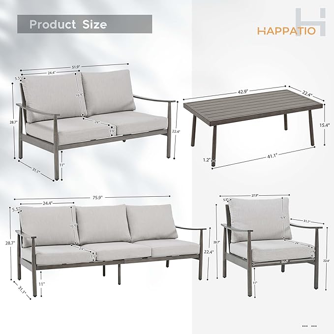 HAPPATIO Outdoor Furniture Set - 5 Piece Aluminum Patio Conversation Set with 1 Coffee Table, 2 Armchairs, Loveseat and 3-Seat Sofa, Aluminum Patio Furniture Set for Backyard Deck Poolside (Grey)