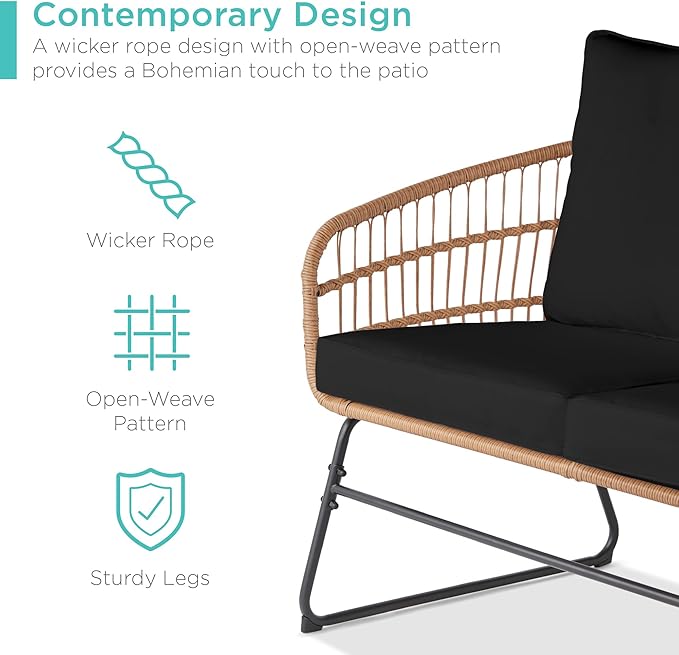 Best Choice Products 4-Piece Outdoor Rope Wicker Patio Conversation Set, Modern Contemporary Furniture for Backyard, Balcony, Porch w/Loveseat, Plush Cushions, Coffee Table, Steel Frame - Black
