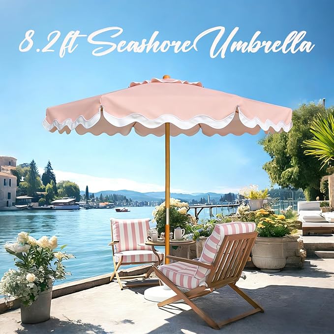 AMMSUN 8.2ft Vintage Wood Outdoor Umbrella, with a pulley system, UPF 50+, for markets, gardens, porches, courtyards, beach terraces, cafes, taverns, dining tables, pool sides, wedding venues