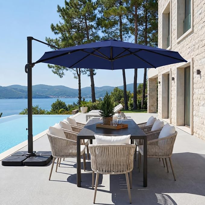 Kingdura 9ft Cantilever Patio Umbrella with Base Included, Large Round Metal Outdoor Offset Umbrella with 360-degree Rotation, 4 Position Tilt, UV Protection for Pool Deck Patio (Navy blue)
