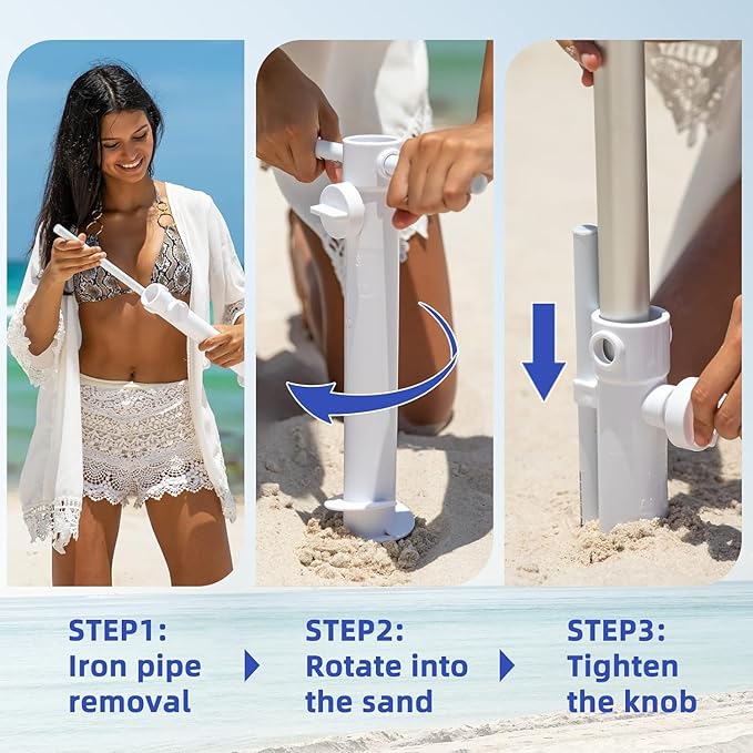 AMMSUN Beach Umbrella With Sand Anchor & Table Tray, 6.5ft Portable Heavy Duty Sun Outdoor Umbrella, UV 50+ Protection, Carry Bag for Patio, Pool and Garden, Blue
