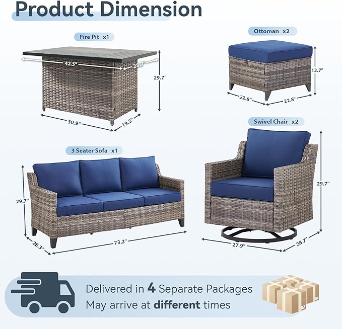 Patio Furniture Set with 42.5" Fire Pit Table-6 Pieces All Weather Wicker Outdoor Furniture with High Back Swivel Patio Chairs Set of 2 Outdoor Couch for Deck Backyard Blue/Gray