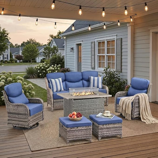 Luxury Patio Furniture Set with 42.5" Fire Pit Table, 6 Pieces High Back All Weather Wicker Outdoor Furniture w/ 6-Inch Thick Cushions, Patio Swivel Chairs Couch for Deck Balcony Backyard Grey/Blue