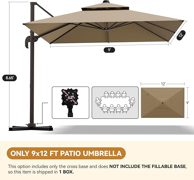 GENTEACO 9x12FT Cantilever Patio Umbrella, Double Top Rectangle Offset Umbrella 7 Angle Tilts & 360° Rotation, Large Heavy Duty Outdoor Sun Umbrella for Pool Market, Tan