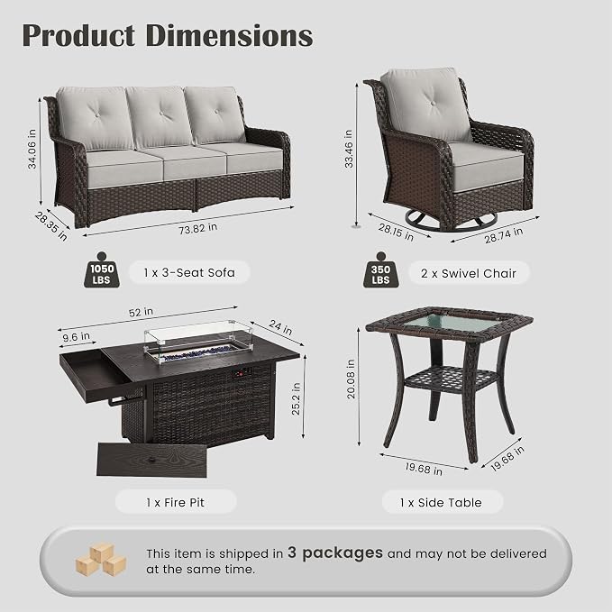 Sundale Outdoor Wicker Patio Furniture Set with Fire Pit, 5 Piece All Weather Outdoor Furniture Set with Swivel Chairs & Couch, High Back Patio Conversation Sets with 6" Cushions for Yard, Deck (Grey)