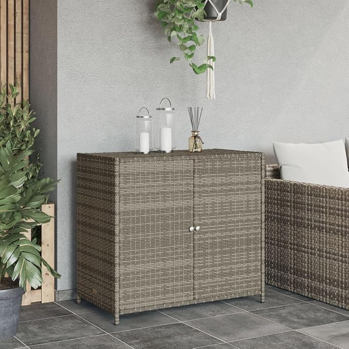 Wicker Outdoor Storage Cabinet with Two Doors, Freestanding Outdoor Patio Storage Unit, Rattan Deck Box, Gray 32.7"x17.7"x29.9" Poly Rattan, -84