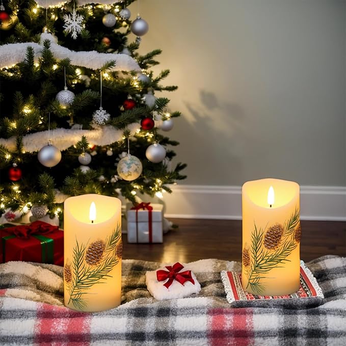 Pinecone LED Candles with 6H Timer, flameless Candles with Flickering Flame, Waxy Pillar 2 Pack Flickering Acorn Decor Woodsy for Fall Christmas Decor (3 inches x 5.7 inches)