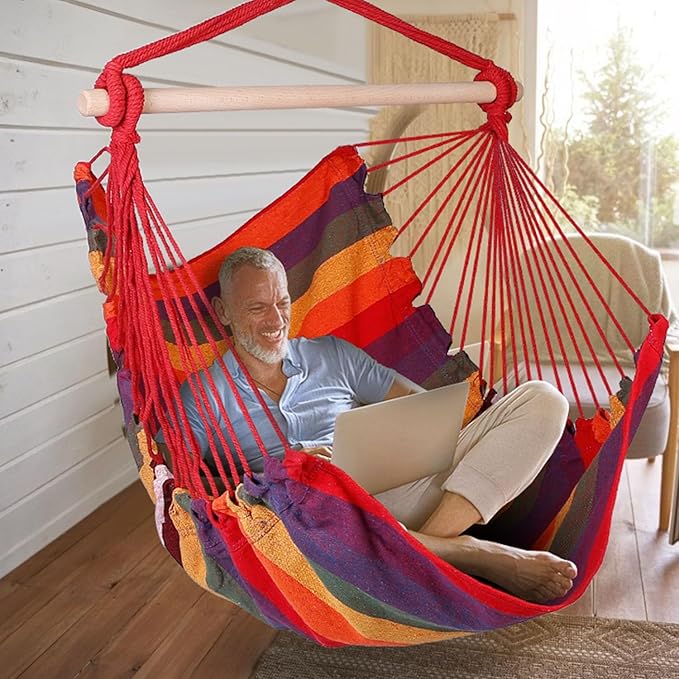 Hammock Chair Hanging Rope Swing - 2 Cushions Pillows Included - Portable Large Macrame Hanging Chair with Pocket - Camping Rope Seat