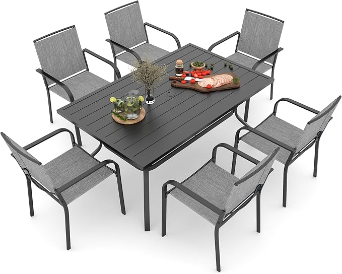 Anmutig 7 Piece Outdoor Dining Set, 60"X38" Rectangular Table with 6 Gray Stackable Patio Chairs, All Weather Furniture Set for Garden