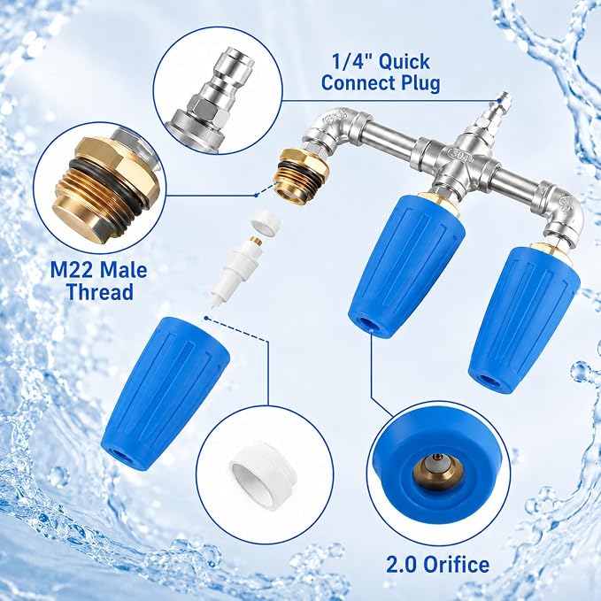 Triple Turbo Nozzle Pressure Washer, 360° Rotating Pressure Washer Nozzle 4000 PSI with 1/4" Quick Connector, 2.0 Orifice 3-In-1