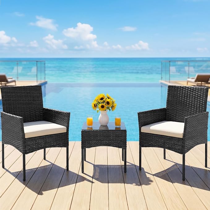 DUMOS 3 Piece Patio Furniture Set, All-Weather Outdoor Wicker Chairs with Removable Cushions & Tempered Glass Table, Small Bistro Set for Porch, Balcony, Lawn, Backyard, Black