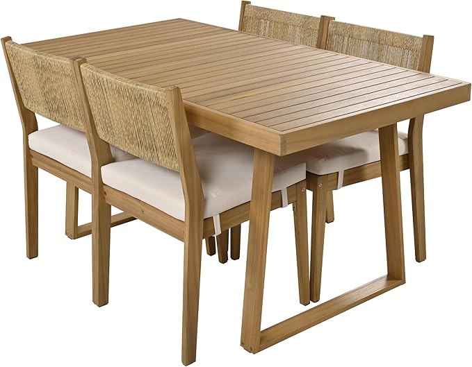 Merax Wood Outdoor Dining Table Set for 4,All Weather Patio Chairs with Soft Cushions and Jute Rope Knitted Back