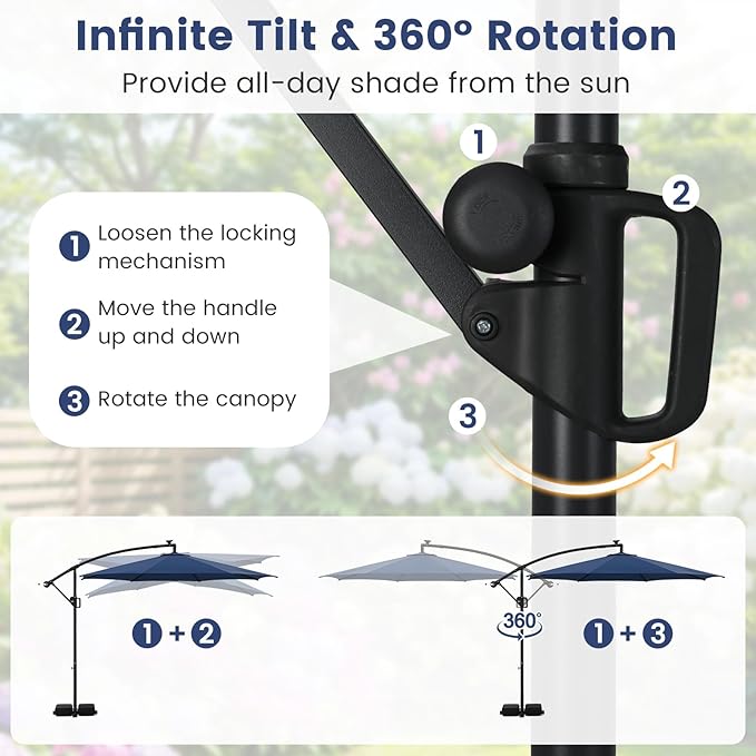 Tangkula 10 FT Solar Patio Umbrella with Base Included, Cantilever Offset Hanging Outdoor Umbrella with 96 Multi-Colored Flowing LED Lights, 9 Modes, Tilt Adjustment, 360° Rotation, Crank for Pool Yard Deck Lawn (Navy)