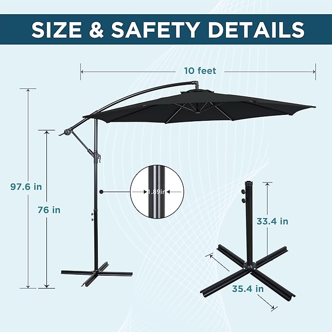 10FT Offset Patio Umbrella, Cantilever Hanging Umbrella with Infinite Tilt, Fade-Resistant Water-Repellent Canopy & Cross Base for Yard, Garden & Deck