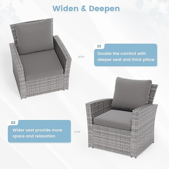 Amopatio 4 Piece Outdoor Wicker Patio Furniture Set, PE Rattan Sectional Sofa with Thick Cushions & Tempered Glass Table, Weather-Resistant Patio Conversation Sets for Balcony, Backyard, Grey