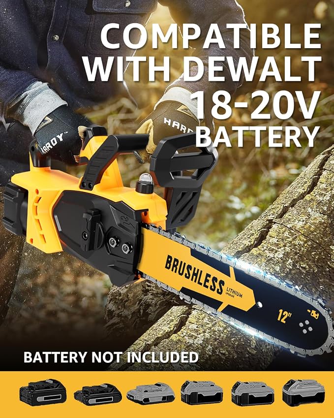 Brushless Cordless Chainsaw Electric 12 Inch Compatible with Dewalt 20V Max Battery Power, No Battery Included 45Ft/s High-Efficiency Chainsaw for Garden, No Installation Required, Yellow