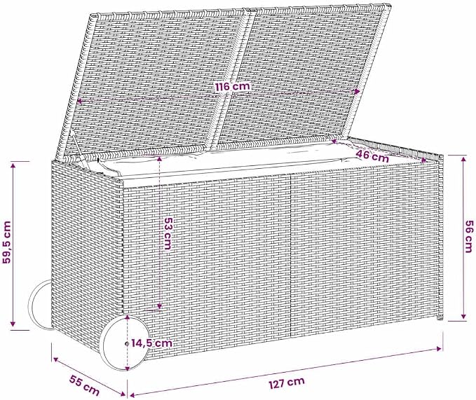 Garden Storage Box with Wheels Brown Poly Rattan Resin 74.8 Gal Capacity Outdoor Deck Container Chest for Patio Yard Backyard with Lockable Lid and Cushion Bag