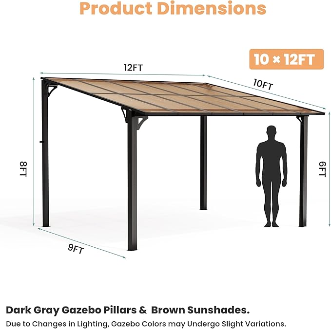 Pamapic 10x12FT Wall Mounted Gazebo, Hardtop Lean to Gazebo with Aluminum Frame & UV Resistant Polycarbonate Roof, Outdoor Patio Awning for Deck, Porch, Lawn & Backyard