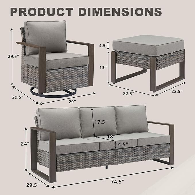 Rilyson Outdoor Wicker Patio Furniture Sets - 5 Piece Patio Conversation Set with 2 Wicker Swivel Rocker Chairs,2 Rattan Ottoman and 1 Couch,Thick Cushions,Deep Seating,Wide Armrest(Mixed Grey/Grey)