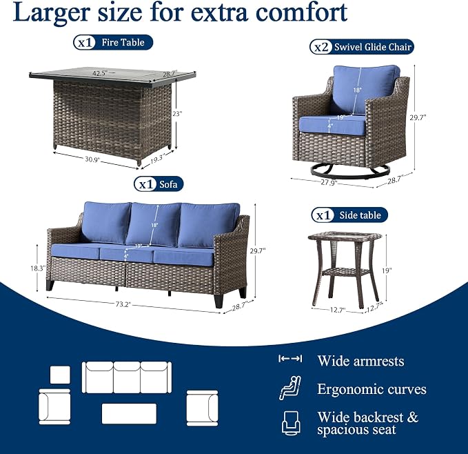 Luxury Patio Furniture Fire Pit Table Set - 5 Pieces All Weather Wicker Outdoor Couch and High Back Swivel Rocker Patio Chairs with fire pit for Deck Yard and Poolside Gray Wicker | Blue Cushions