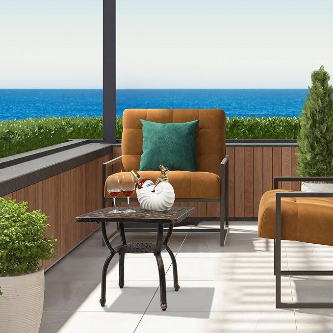 21" Cast Aluminum Outdoor Dining Side Table,Square Outdoor Coffee Table,All-Weather Outdoor Dining Table,Patio Coffee Bistro Table,with Storage Shelf,for Garden Pool Deck Lawn Backyard (Bronze)