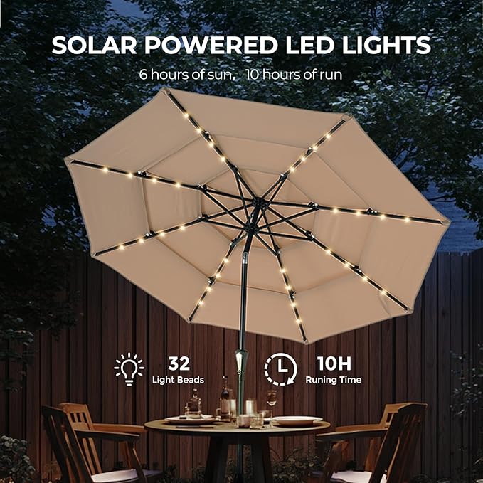 HOMSHADE 9FT 3-Tier Solar Patio Umbrella Heavy Duty, Vented Market Table Umbrella Windproof with 32 LED Lights, UPF50+, 5-Year Fade Resistant, 8 Thicker Ribs for Pool, Lawn, Garden, Deck (Beige,No Base)