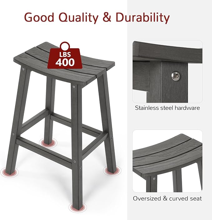 Stoog All-Weather Bar Stools Set of 4, 28" Outdoor Barstools with 400 lbs Capacity, Easy to Clean Low Maintenance HIPS Furniture, for Bar, Kitchen Counter & Patio, Grey