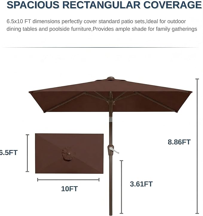 6.5x10FT Patio Umbrella, Outdoor Umbrella with Push Button Tilt and Crank, 8 Sturdy Ribs, UV Protection & Waterproof Market Umbrella for Pool, Backyard, Beach,Deck (Brown)