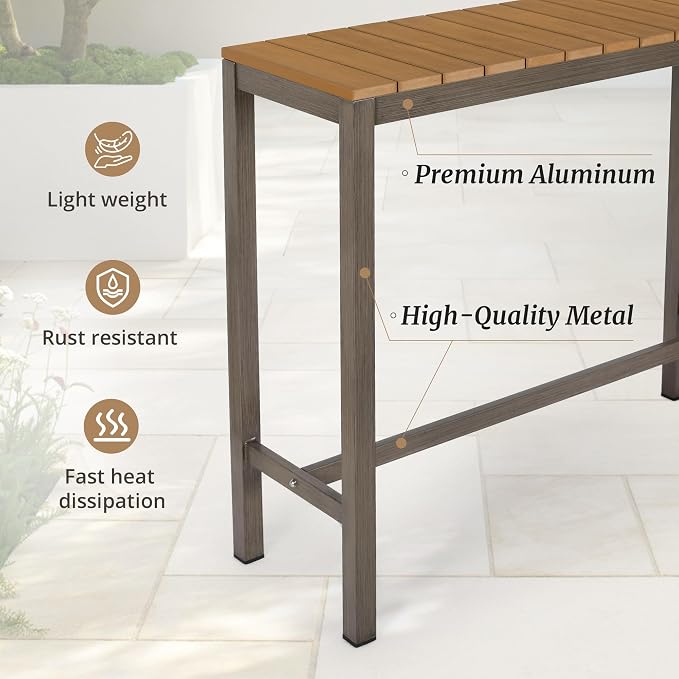 Cozyman Outdoor Bar Table Set of 2, 38" Patio Bar Height Counter Table, Weather Resistant, Waterproof HDPS Slatted Top Console Table for Hot Tub, Balcony, Yard, Indoor or Outdoor Use, Teak