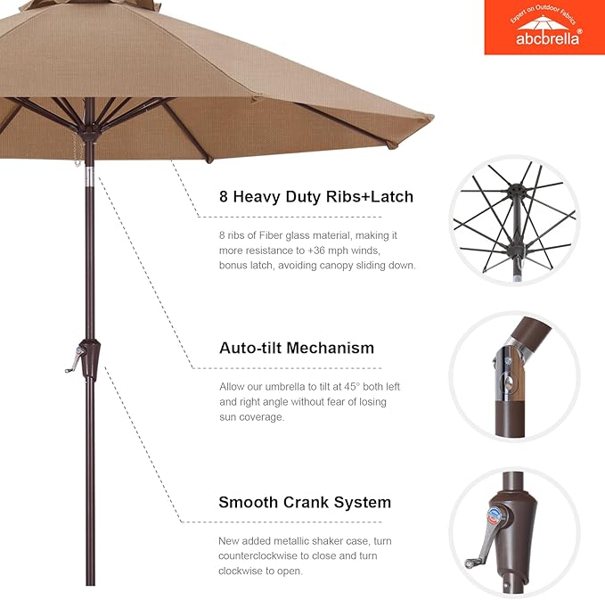 ABCCANOPY OLEFIN® 5-Year No Fading 9FT Patio Umbrella, Outdoor Table Umbrella with 8 Sturdy Ribs for Deck, Backyard, Yard (Light Coffee)