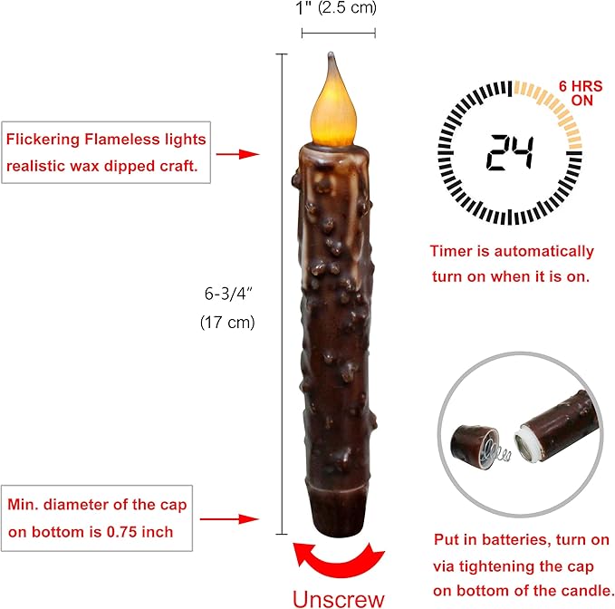 CVHOMEDECO. Real Wax Hand Dipped Battery Operated LED Timer Taper Candles Rustic Primitive Flameless Lights Décor, 6-3/4 Inch, Brwon, 6 PCS in a Package