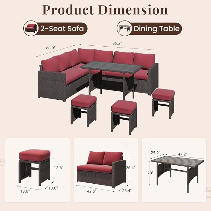 7 Piece Patio Furniture Set with Cover, Outdoor Sectional Sofa Conversation Set Featuring All Weather Wicker Rattan, Dining Table, Chair, Ottoman, Cushions for Porch Deck Backyard Lounge