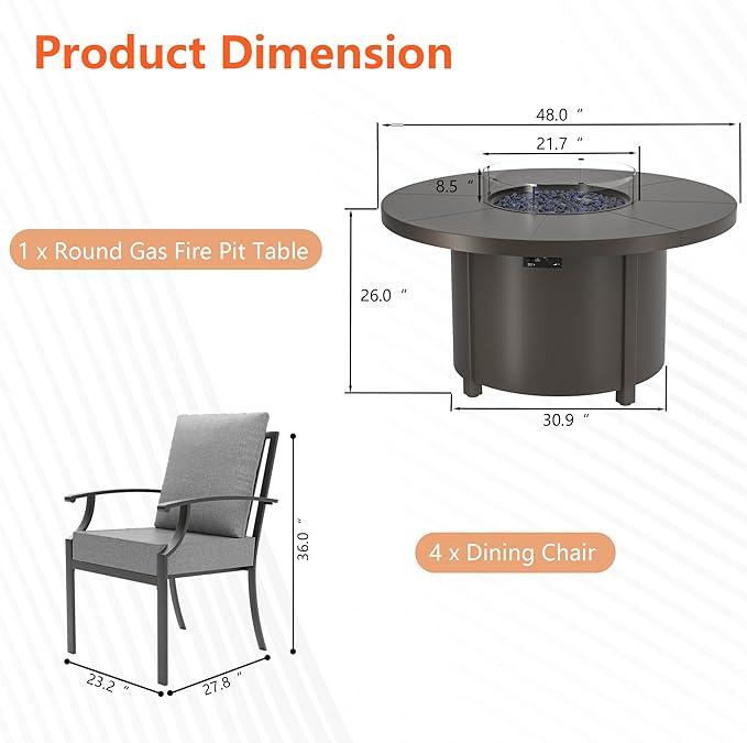 5 Pieces Outdoor Patio Furniture Set with 48" Round Propane Fire Pit Table,Patio Dining Set Outdoor Conversation Sets 4 Chairs for Deck,Backyard and Garden,Grey