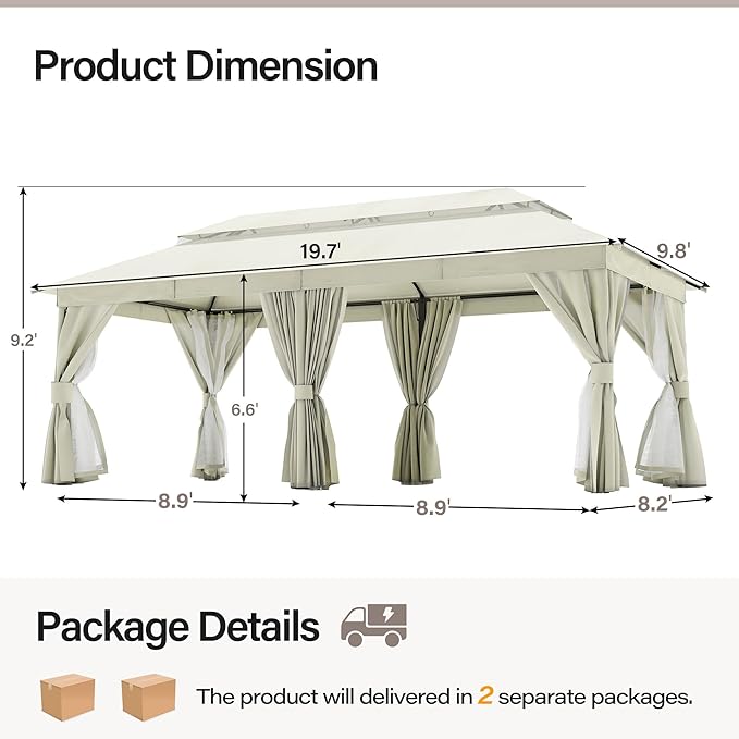 LAUSAINT HOME Patio Gazebo 10'x20', Outdoor Heavy Duty Party Tent Shelter with Double Roofs, Mosquito Nettings and Privacy Screens for Backyard, Garden, Lawn, Cream White