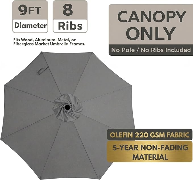 Sfmora OLEFIN 5-Year Non Fading 9ft 8Ribs Patio Umbrella Replacement Canopy, Outdoor Umbrella Canopy, Umbrella Top ONLY (Color)