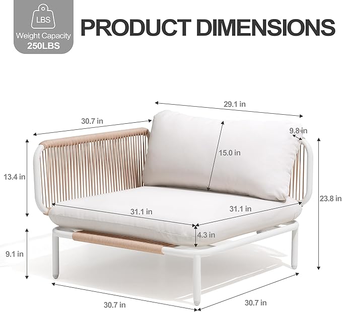 6 Piece Modern Outdoor Sectional Sofa, 31" Oversized Patio Furniture Set with Olefin Woven Rope, Weather-Resistant Metal Frame and Removable Cushion, Beige